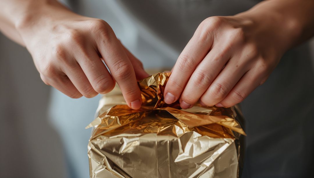 Hands Wrapping Gift with Gold Foil Pinching and Smoothing Corners for Elegant Packaging