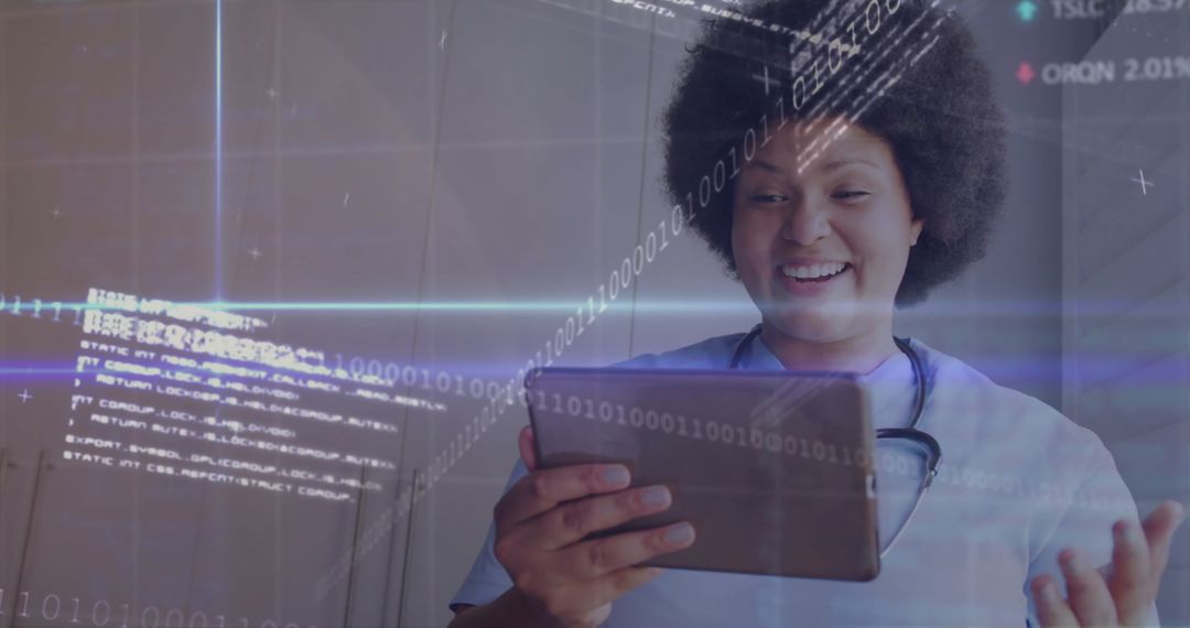 Happy Nurse Using Tablet with Digital Data Overlay