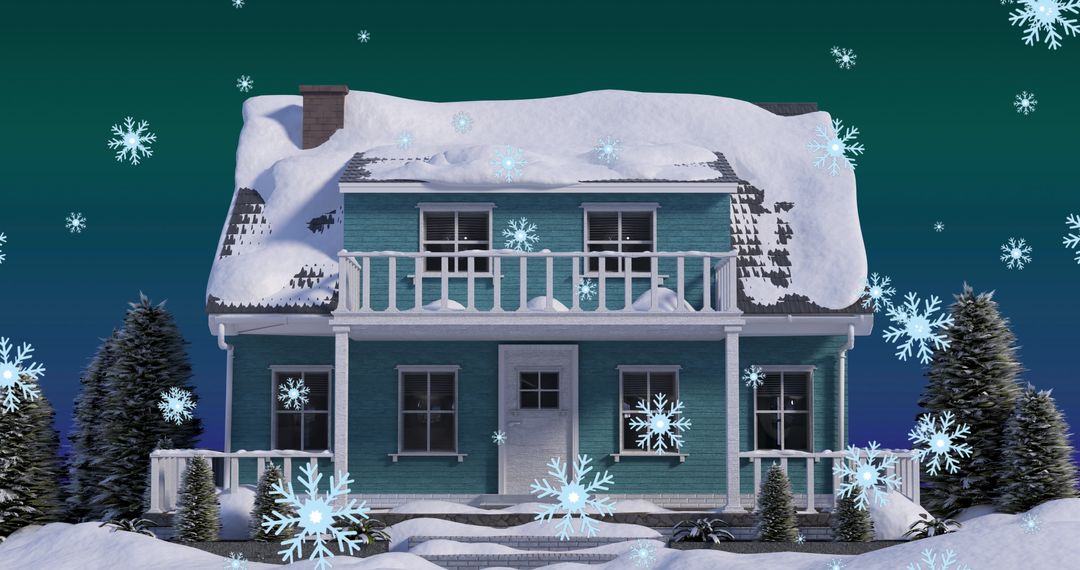 Charming Snow-Covered House with Falling Snowflakes