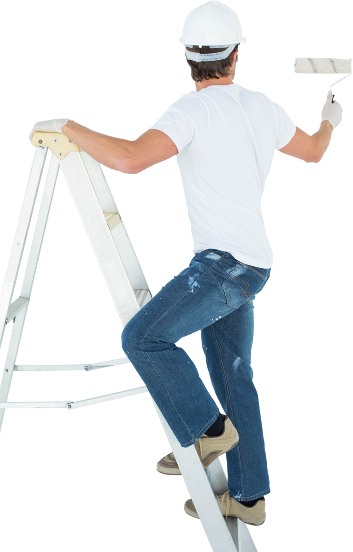 Man on Ladder Painting Wall with Roller in Transparent Background - Download Free Stock Images Pikwizard.com