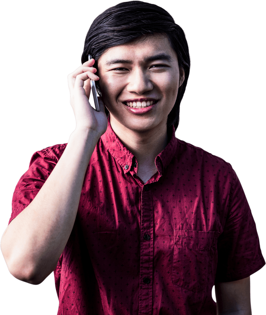 Smiling Young Man on Phone in Casual Shirt Transparent Background