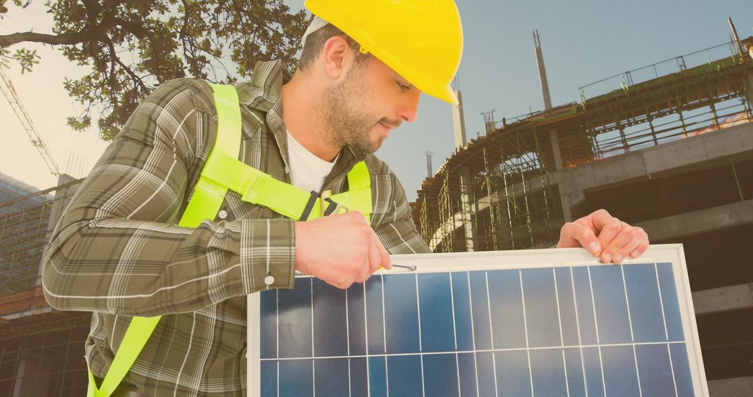 Construction worker installing solar panel at building site