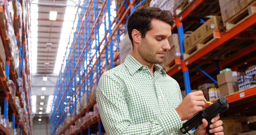 Warehouse Worker Using Handheld Device Amid Tall Shelving Units - Free Images, Stock Photos and Pictures on Pikwizard.com