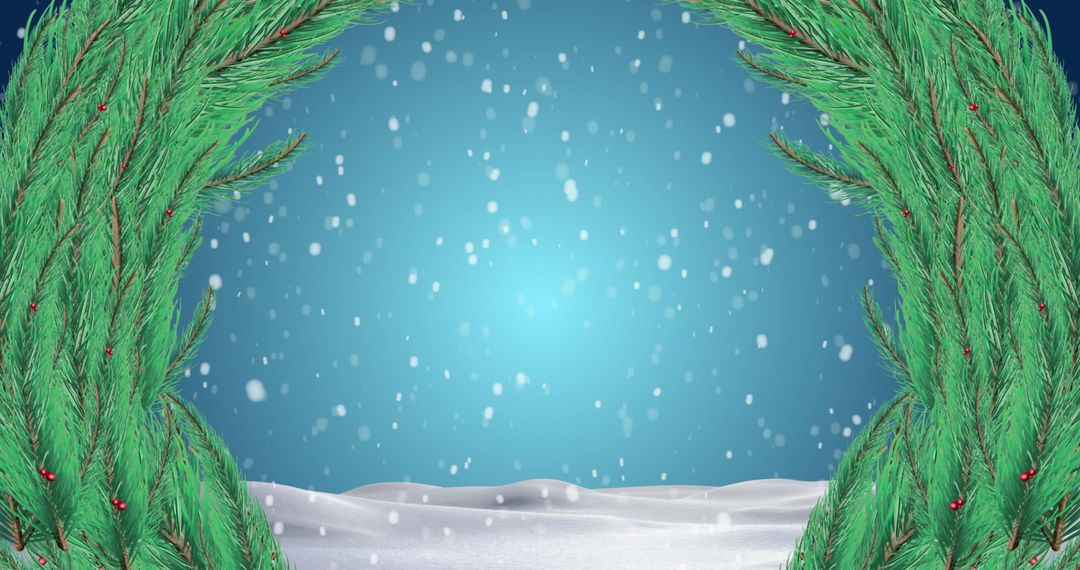 Winter Holiday Scene With Fir Tree Wreath and Snowfall