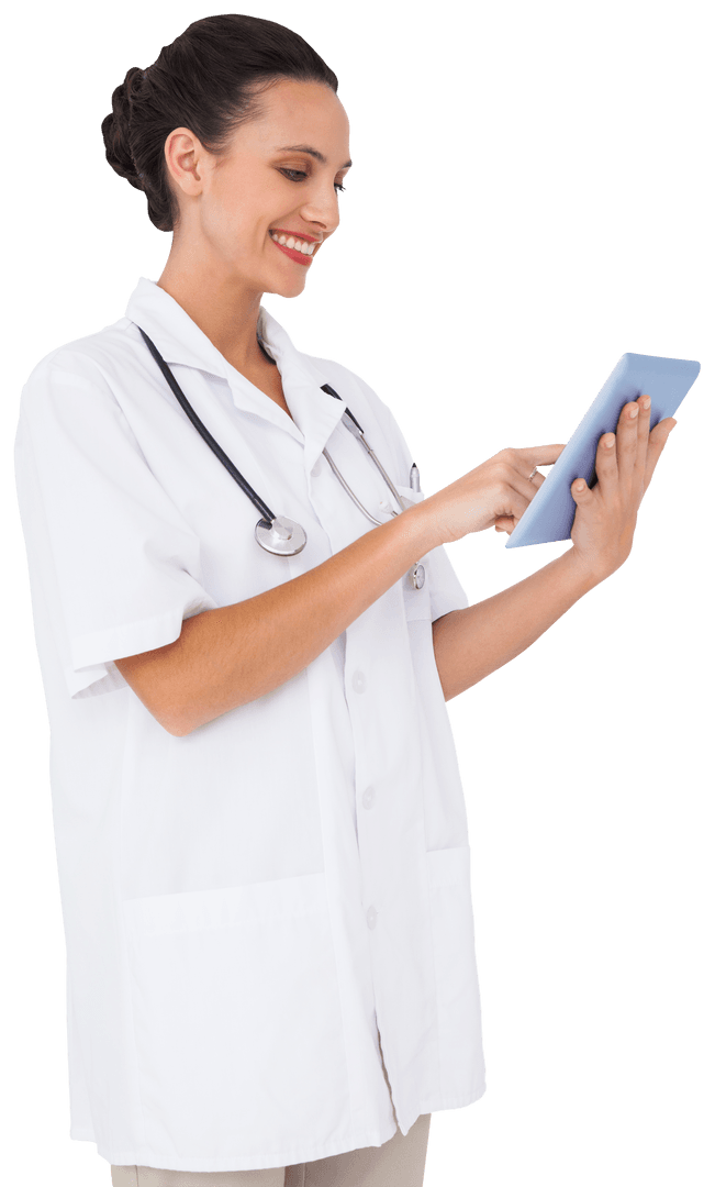 Transparent Image of Nurse Using Tablet with Bright Smile