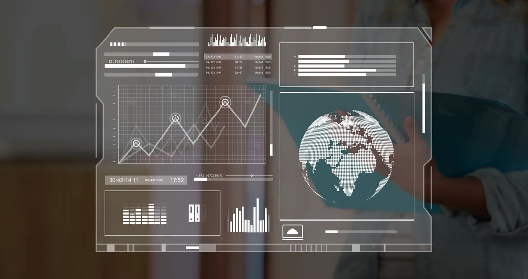 Futuristic Holographic Dashboard Displaying Global Data Visualization Teen Holding Tablet