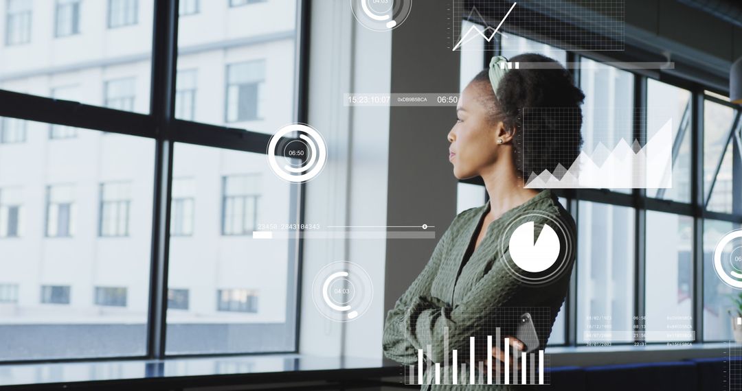 Businesswoman Analyzing Data Visuals in Modern Office Setting
