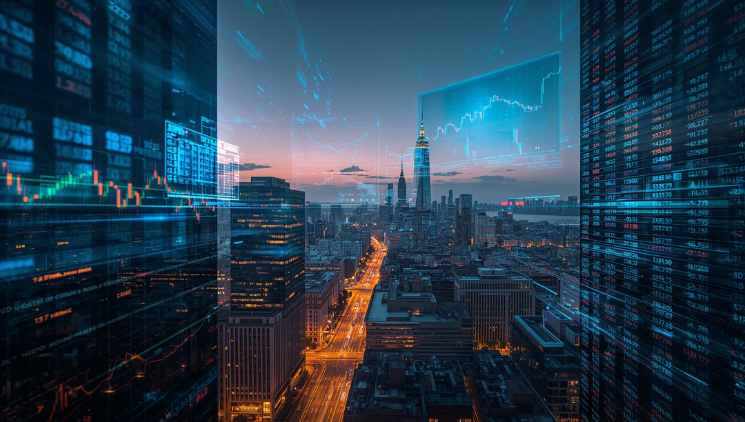 Cityscape with Financial Data Overlays at Dusk