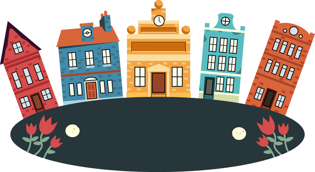 Transparent Cartoon Cityscape with Tulips on Vibrant Oval Base