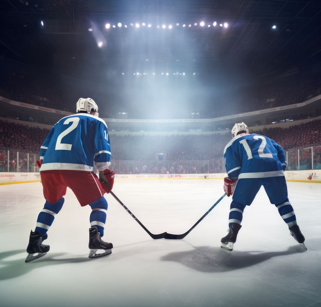 Two hockey players face off in a brightly lit arena - Free Images, Stock Photos and Pictures on Pikwizard.com