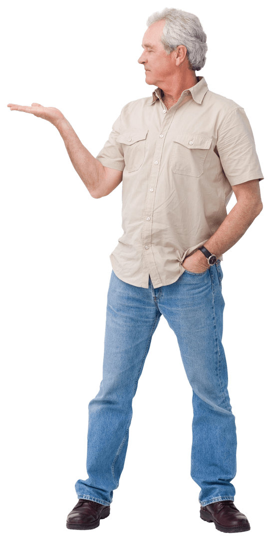 Senior Man Confidently Gesturing With Open Hand Transparent Background