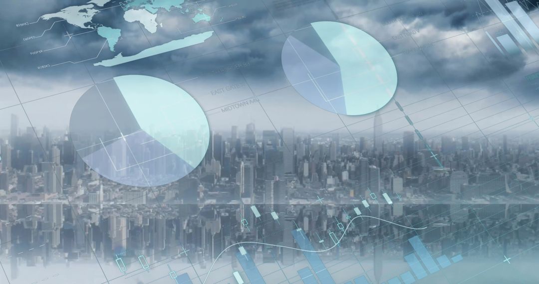Financial Data Visualization Overlay on Urban Skyline