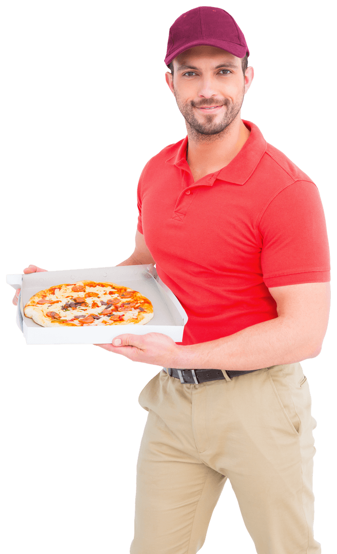 Transparent Delivery Man Offering Fresh Boxed Pizza