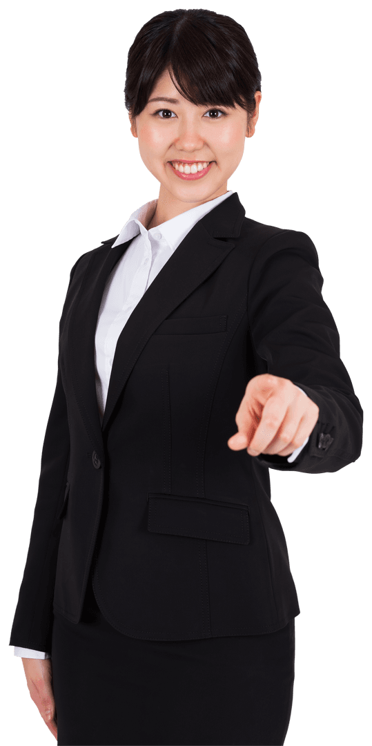 Smiling Asian Businesswoman Pointing on Transparent Background