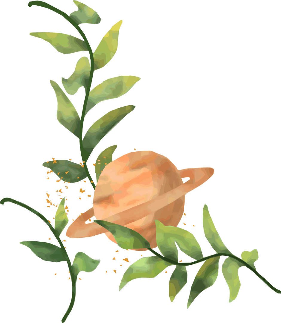 Watercolor Ringed Planet with Green Vines on Transparent Background