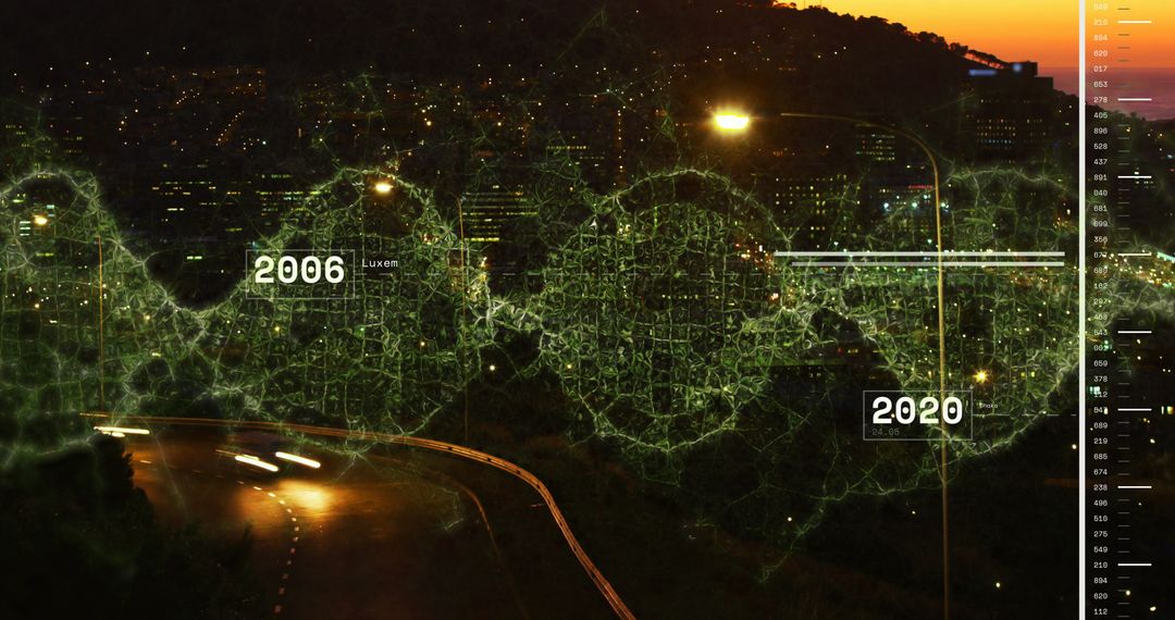 Futuristic Data Processing Overlay on Nighttime Cityscape