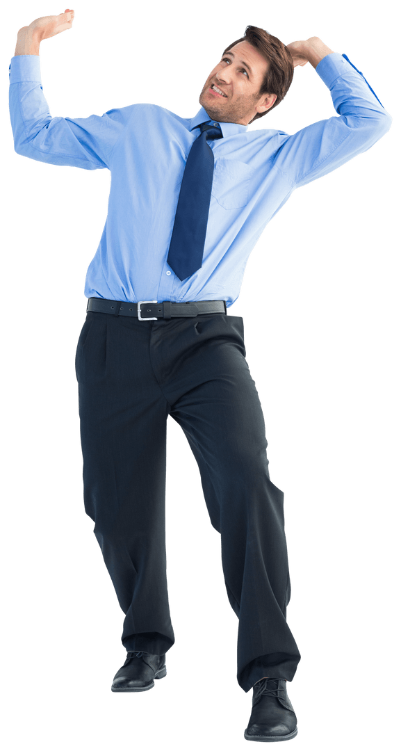 Transparent Businessman Pretending to Lift Heavy Object Emphasizing Determination