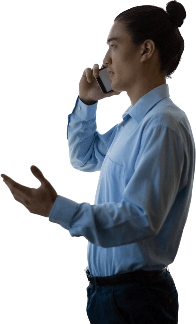 Transparent Businessman on Call Gesturing Confidently in Office Attire