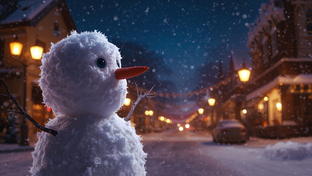 Snowman on Illuminated Town Street at Night During Snowfall