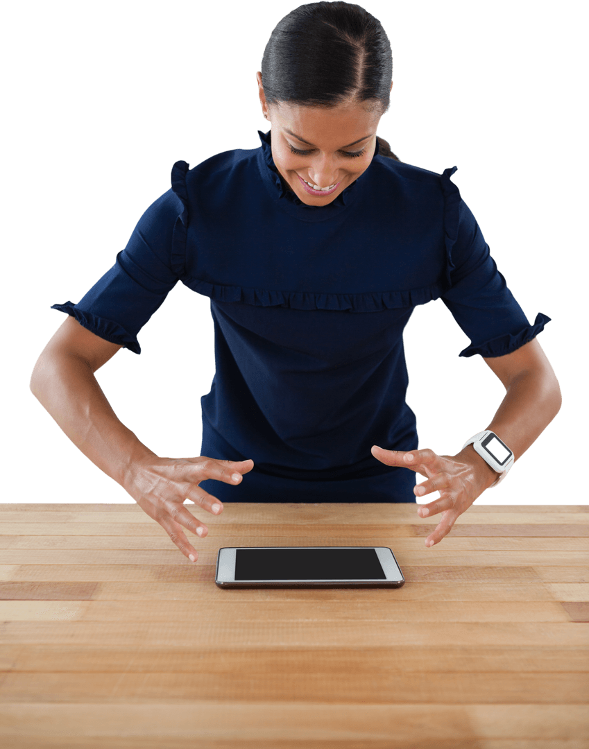 Transparent Smiling Professional Behind Digital Tablet on Wooden Surface