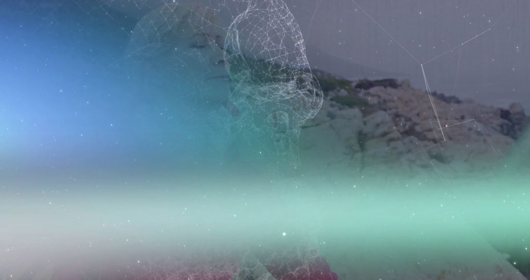 Futuristic Contemplation with Digital Wireframe and Serene Landscape