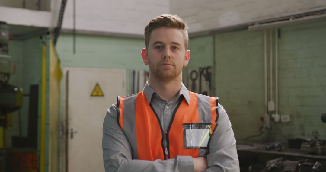 Confident Warehouse Worker Wearing Safety Vest in Industrial Setting - Free Images, Stock Photos and Pictures on Pikwizard.com