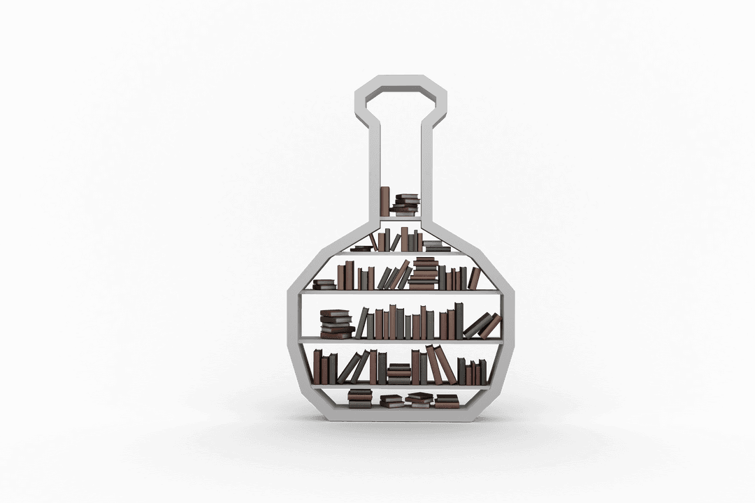 Bottle Shaped White Bookcase with Books on Transparent Background