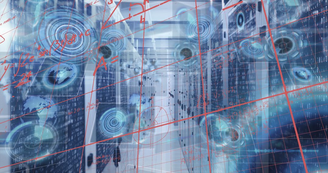 Tech Team Navigating Server Corridor with Digital Data Overlay