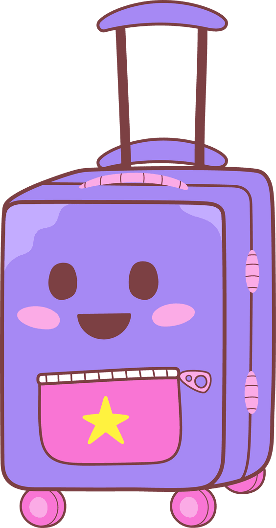 Cartoon Purple Suitcase Character with Star and Smile on Transparent Background