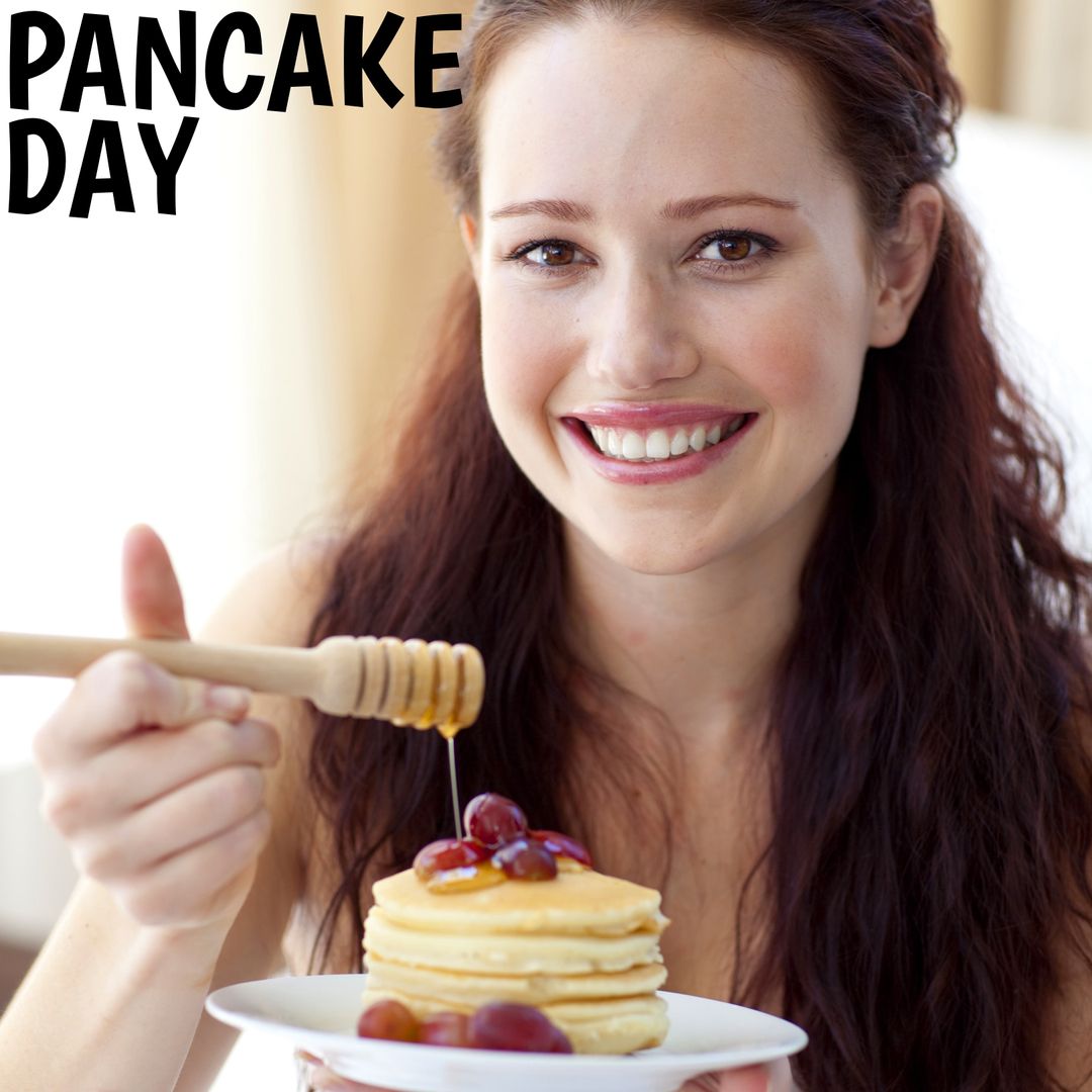 Happy Woman Celebrating Pancake Day with Fresh Pancakes and Honey Drizzle - Download Free Stock Templates Pikwizard.com