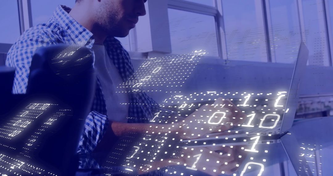 Businessman Analyzing Digital Data with Binary Code Overlay