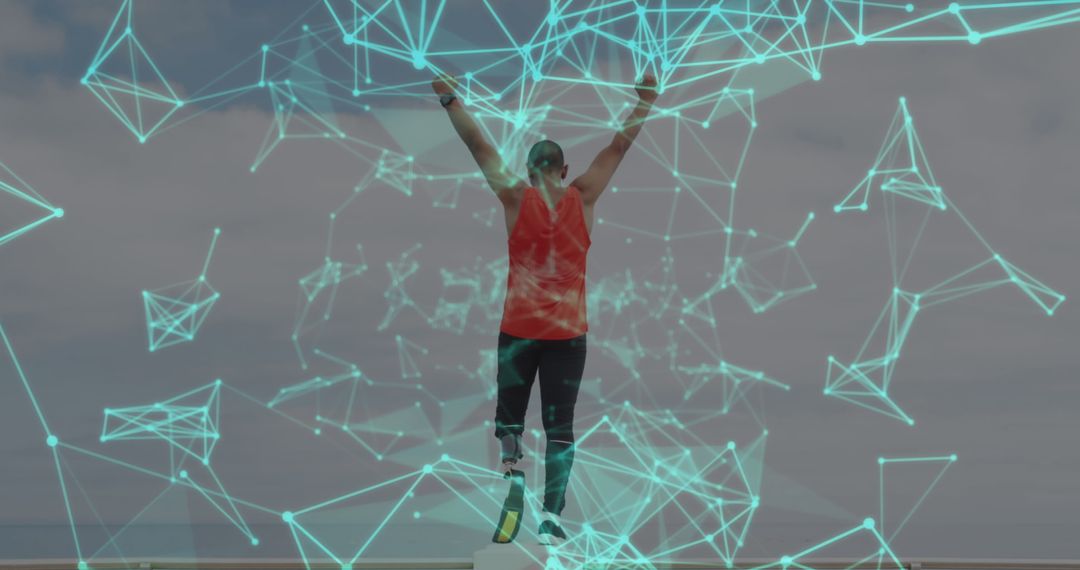 Athlete with Prosthetic Embracing Technology Connection Concept