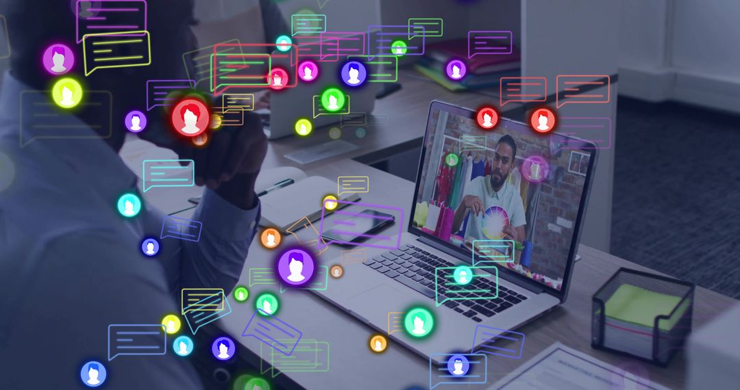 Virtual Meeting in Office Environment with Chat Icons Overlay