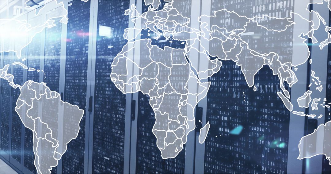 Advanced Data Center with World Map Tech Overlay