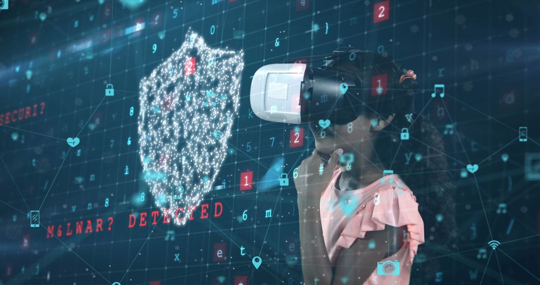 Schoolgirl Using VR Glasses with Data Security Icons Overlay
