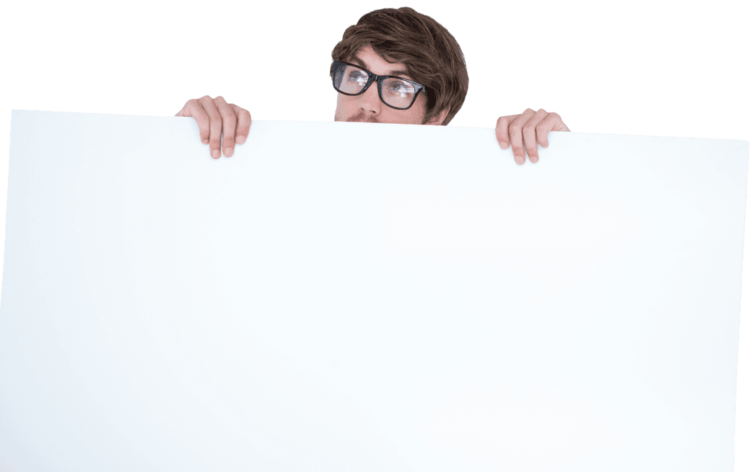 Man with Glasses Holding Transparent Blank Billboard