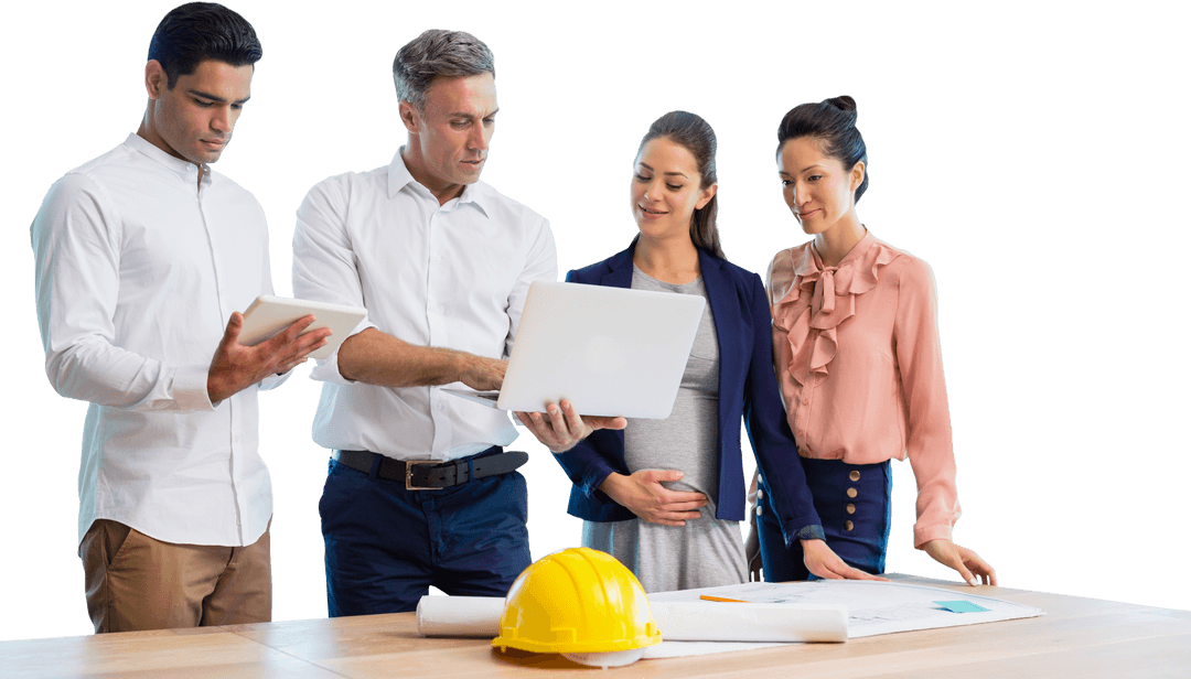 Male Architect Discussing Plan with Coworkers around Laptop Transparent Background