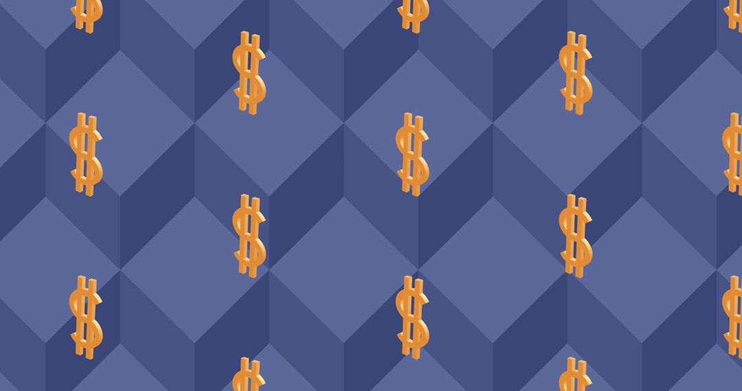 Seamless Pattern with Yellow Dollar Icons on Blue Cube Background