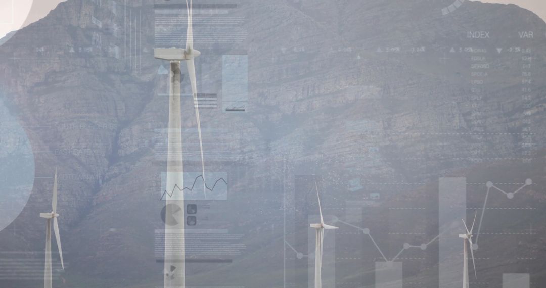 Wind Turbine with Data Overlay on Mountain, Sustainable Energy