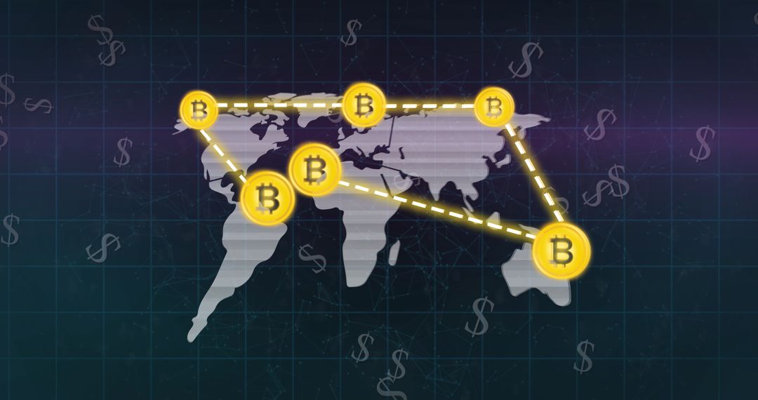 International Bitcoin Network on World Map with Dollar Symbols