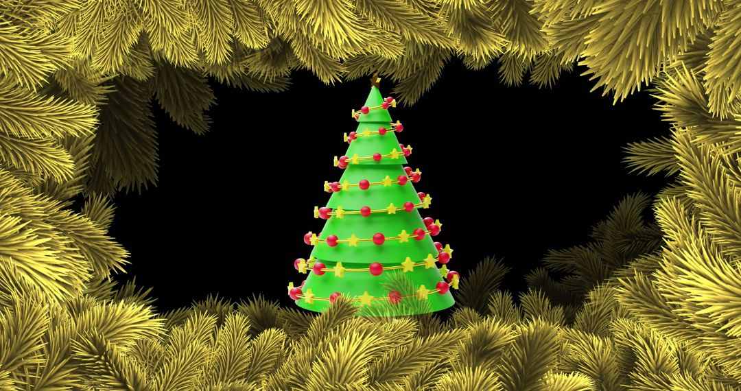 Festive Animated Christmas Tree Surrounded by Golden Fir Branches