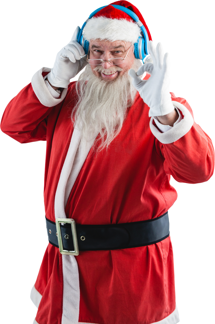 Festive Santa Claus Listening to Music with Headphones and Showing OK Sign on Transparent - Download Free Stock Images Pikwizard.com