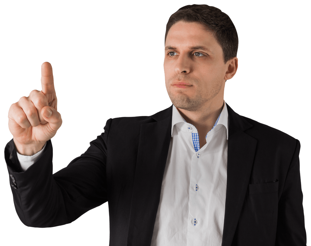 Caucasian Businessman Engaging with Transparent Virtual Screen