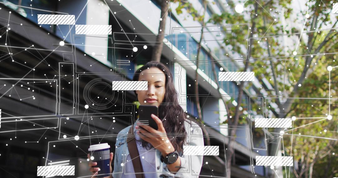 Urban commuter holding coffee checking smartphone with AR data overlay and smartwatch