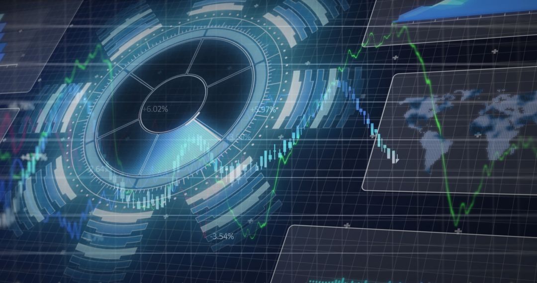 Digital Interface with Financial Data Displays and Futuristic Graphics