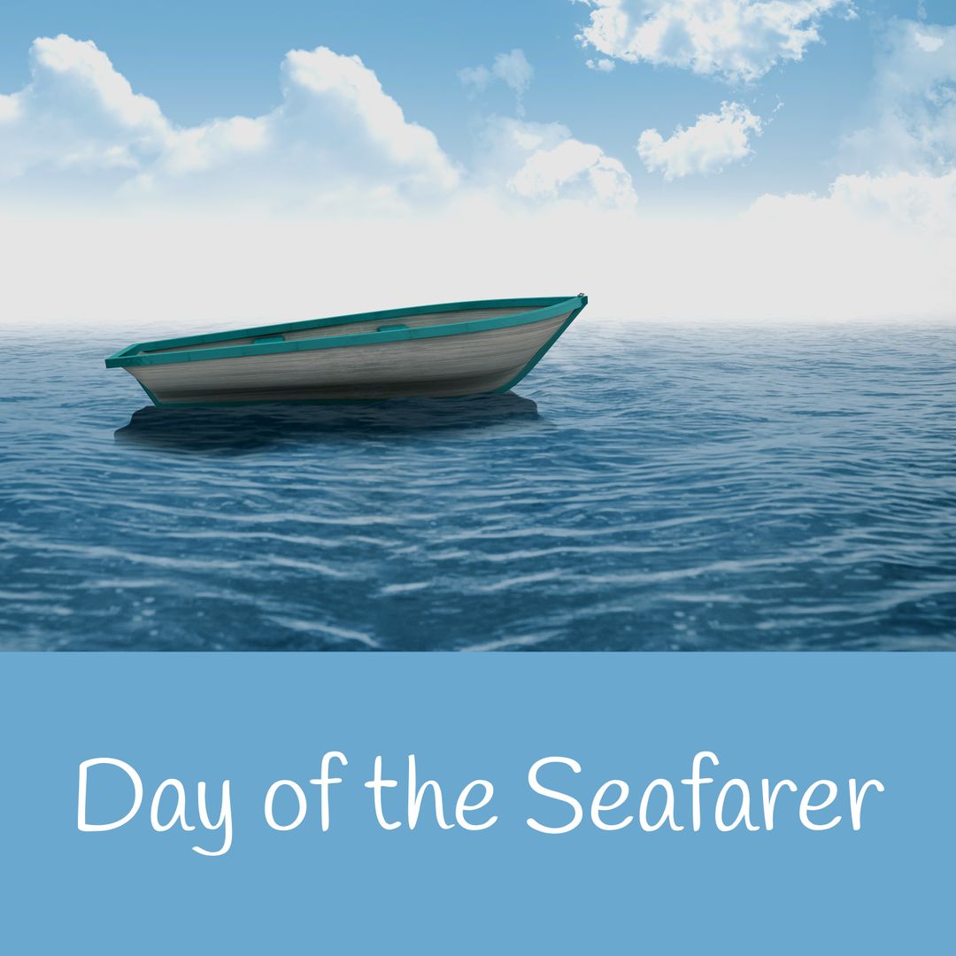 Empty Boat Floating on Calm Sea with Blue Sky and Clouds