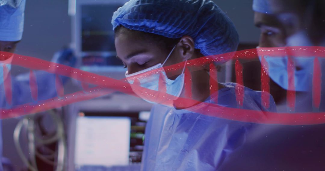 Lead surgeon operating in sterile OR with red DNA helix overlay suggesting precision medicine