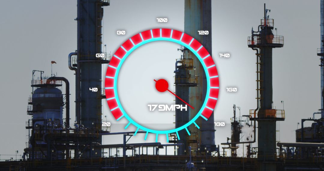 Futuristic Speedometer Overlay on Industrial Factory Silhouette