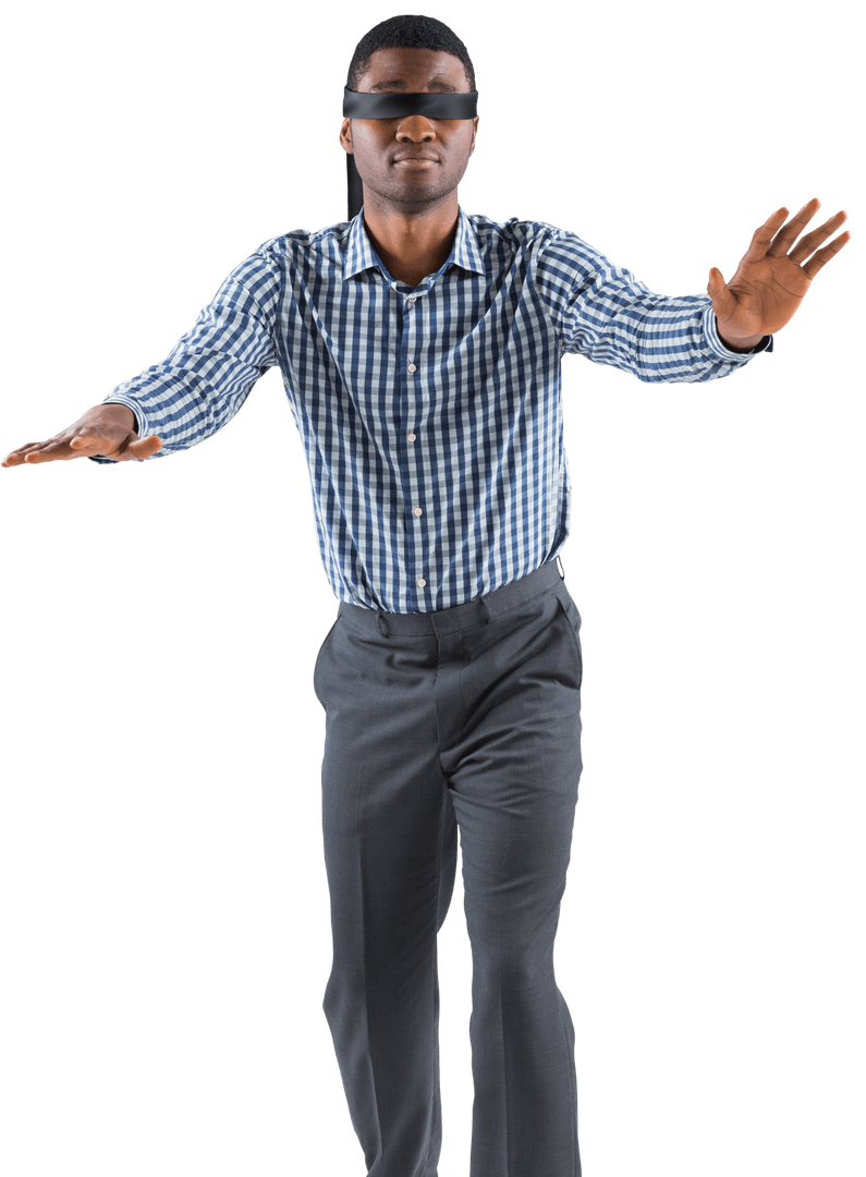 Blindfolded Businessman with Outstretched Arms in Uncertainty