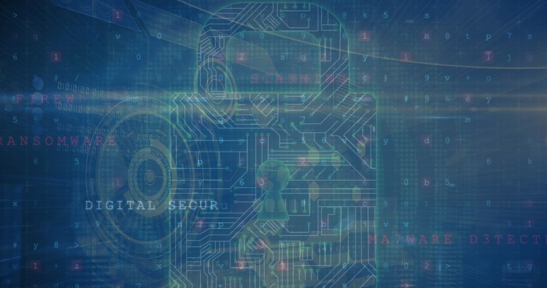 Futuristic Digital Padlock with Circuit Over Data Stream Background